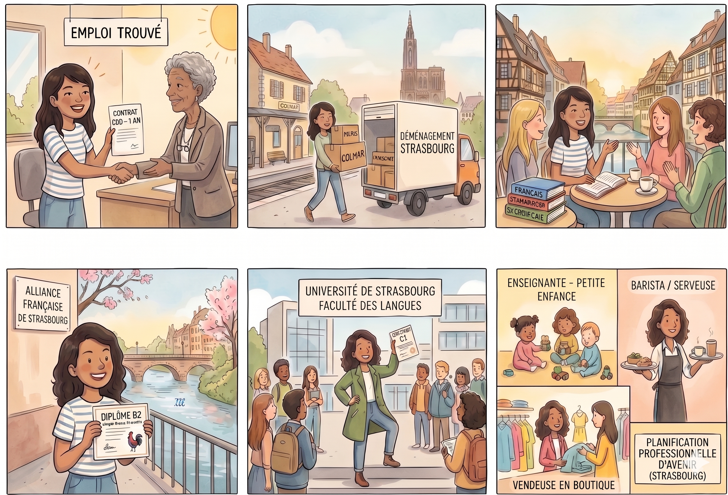 Illustrated roadmap: CDD contract, move to Strasbourg, French learning, B2 and C1 certificates, and future career options.